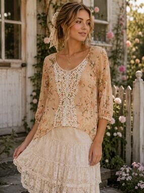 Kelly Renee Sheer Floral Blouse Women's Medium Lace Front Boho Cottagecore Top